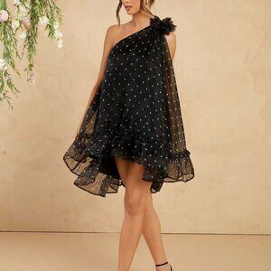Black Elegant Women's Polka Dot Off Shoulder Dress With Detachable Flower